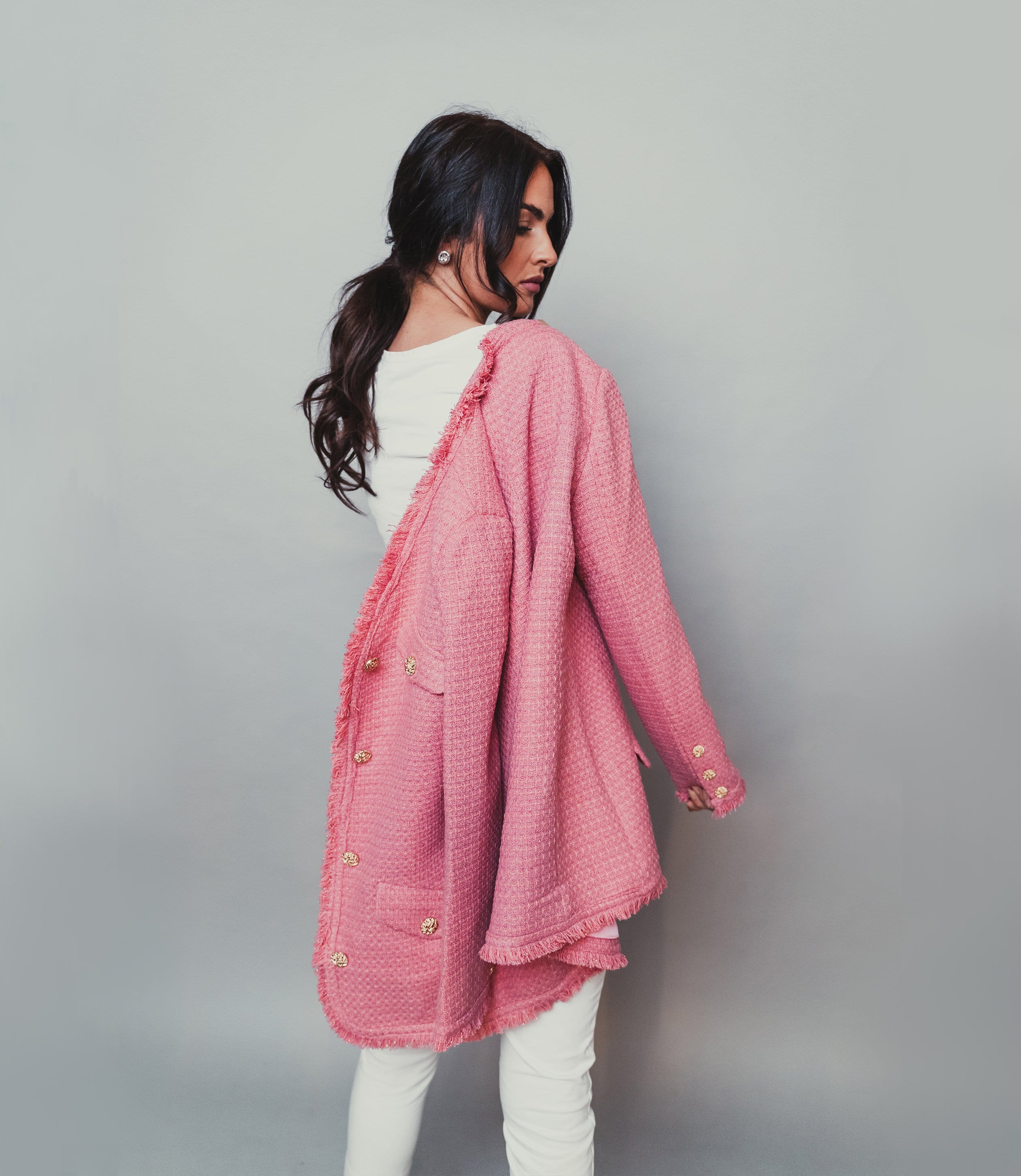 Pink Tweed jacket with gold buttons