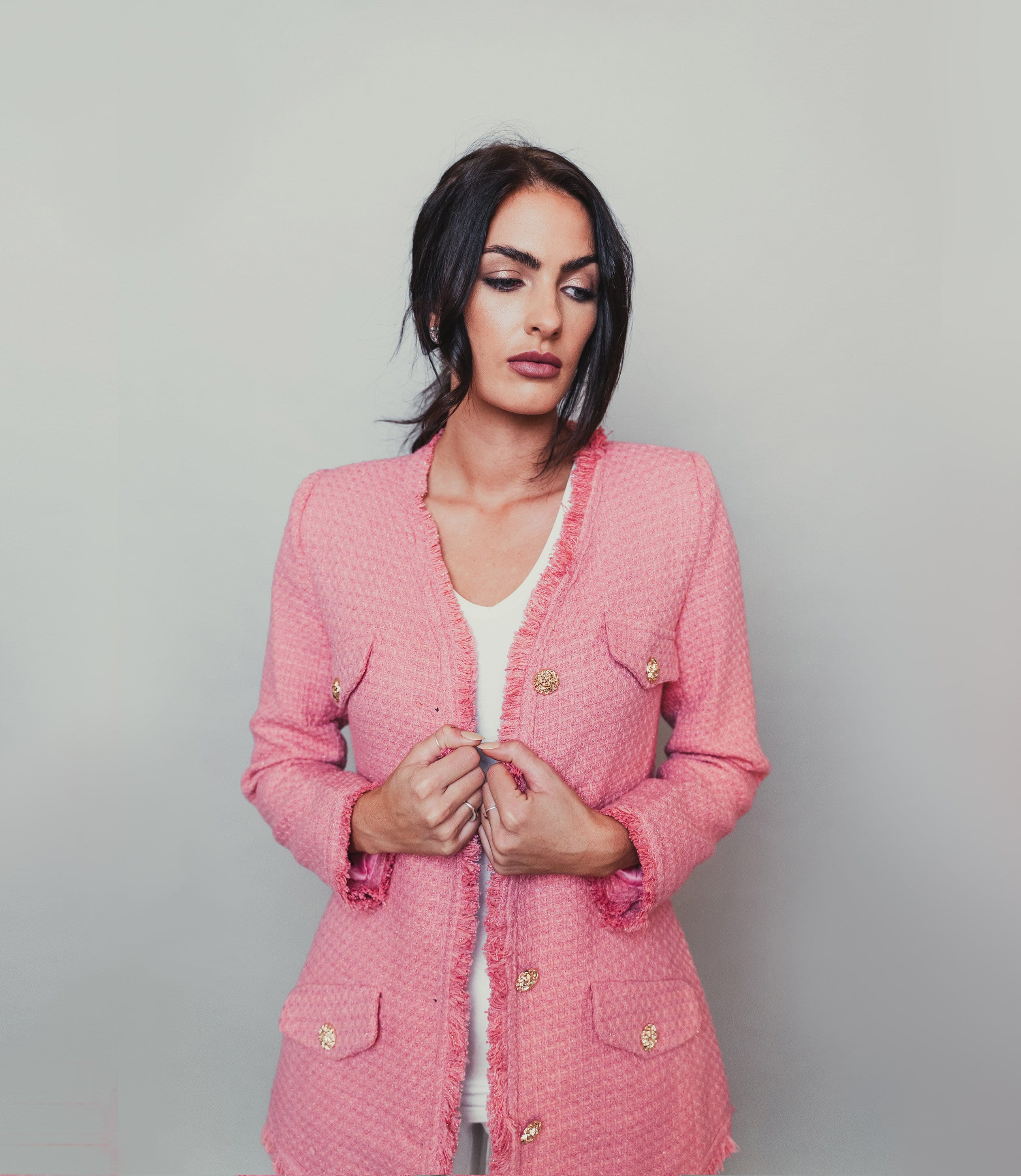Pink Tweed jacket with gold buttons