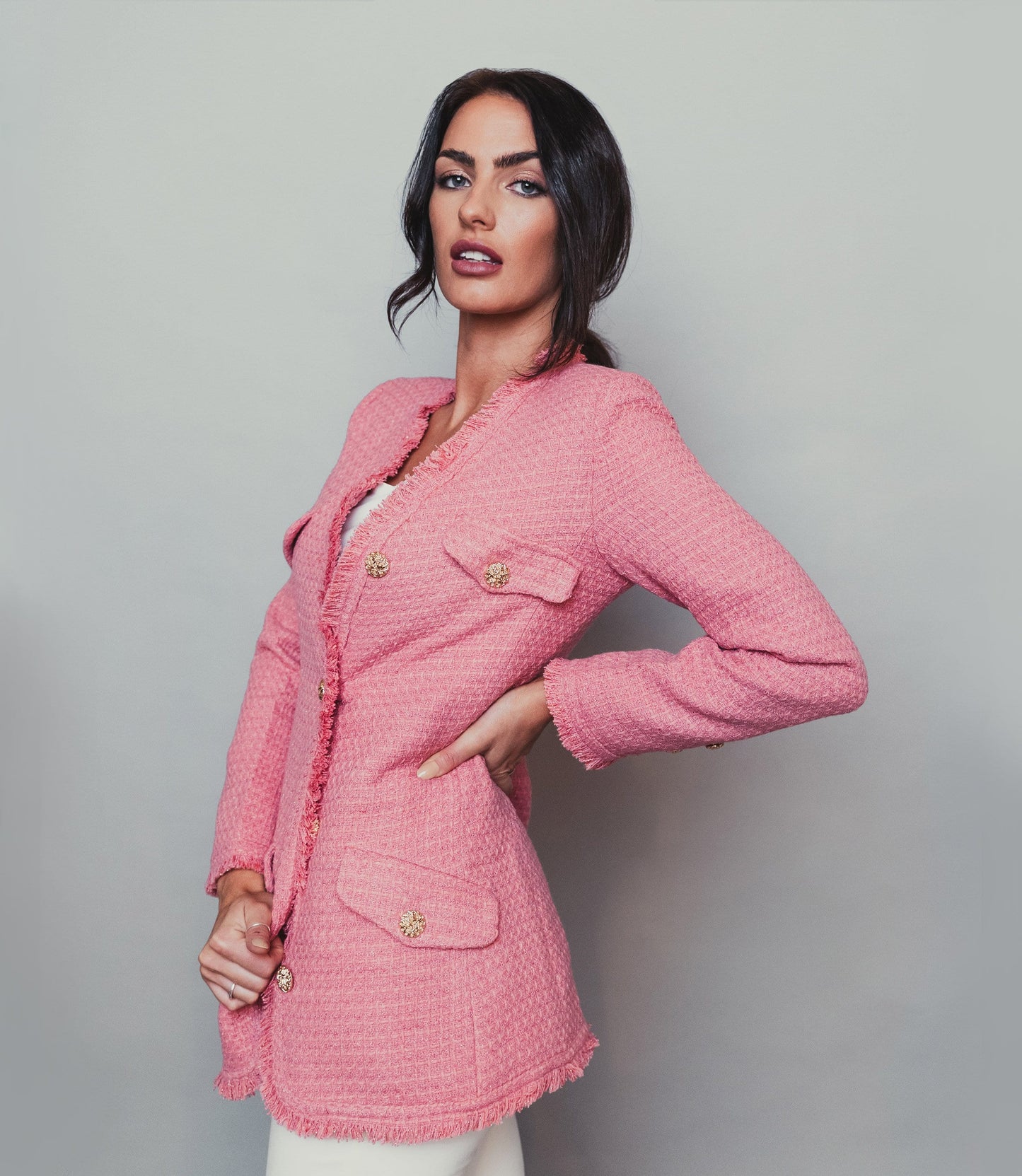 Pink Tweed jacket with gold buttons