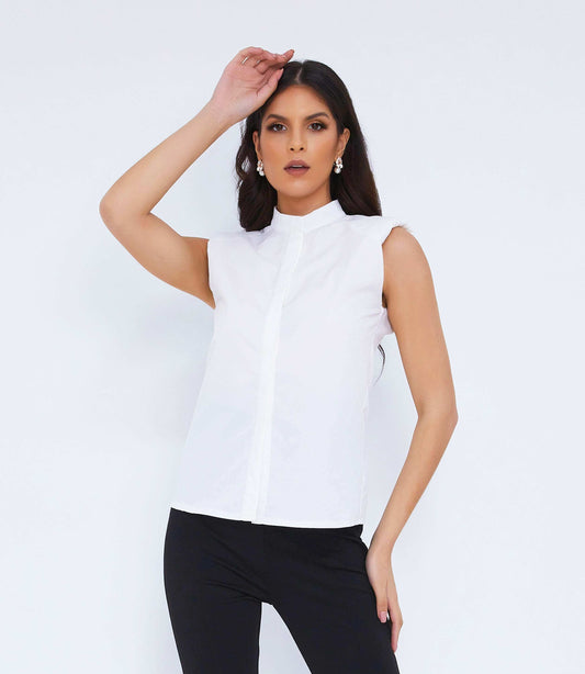 White Sleeveless Shirt Padded Shoulders