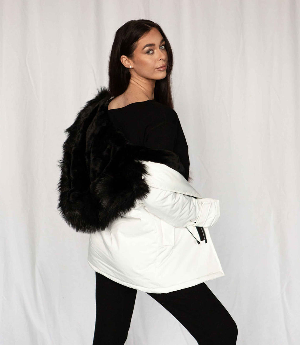 white winter coat furry hood white ski jacket