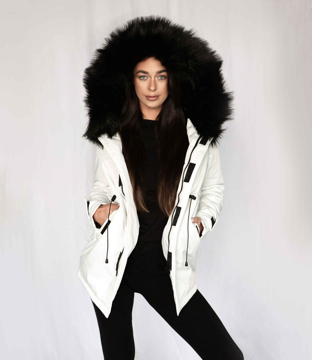white winter coat furry hood white ski jacket