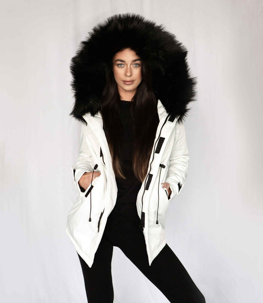 white winter coat furry hood white ski jacket