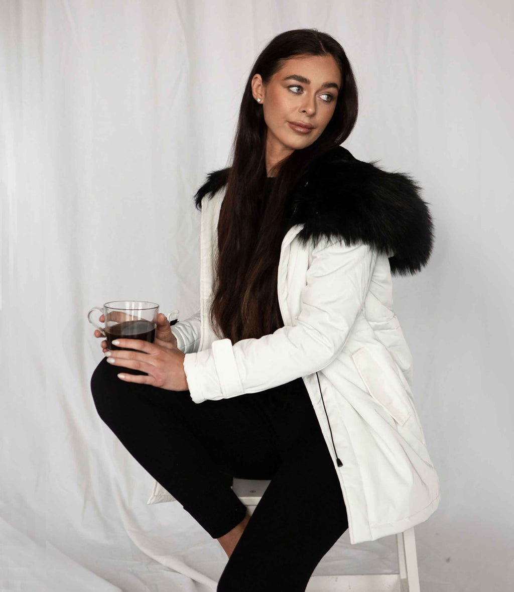 white winter coat furry hood white ski jacket