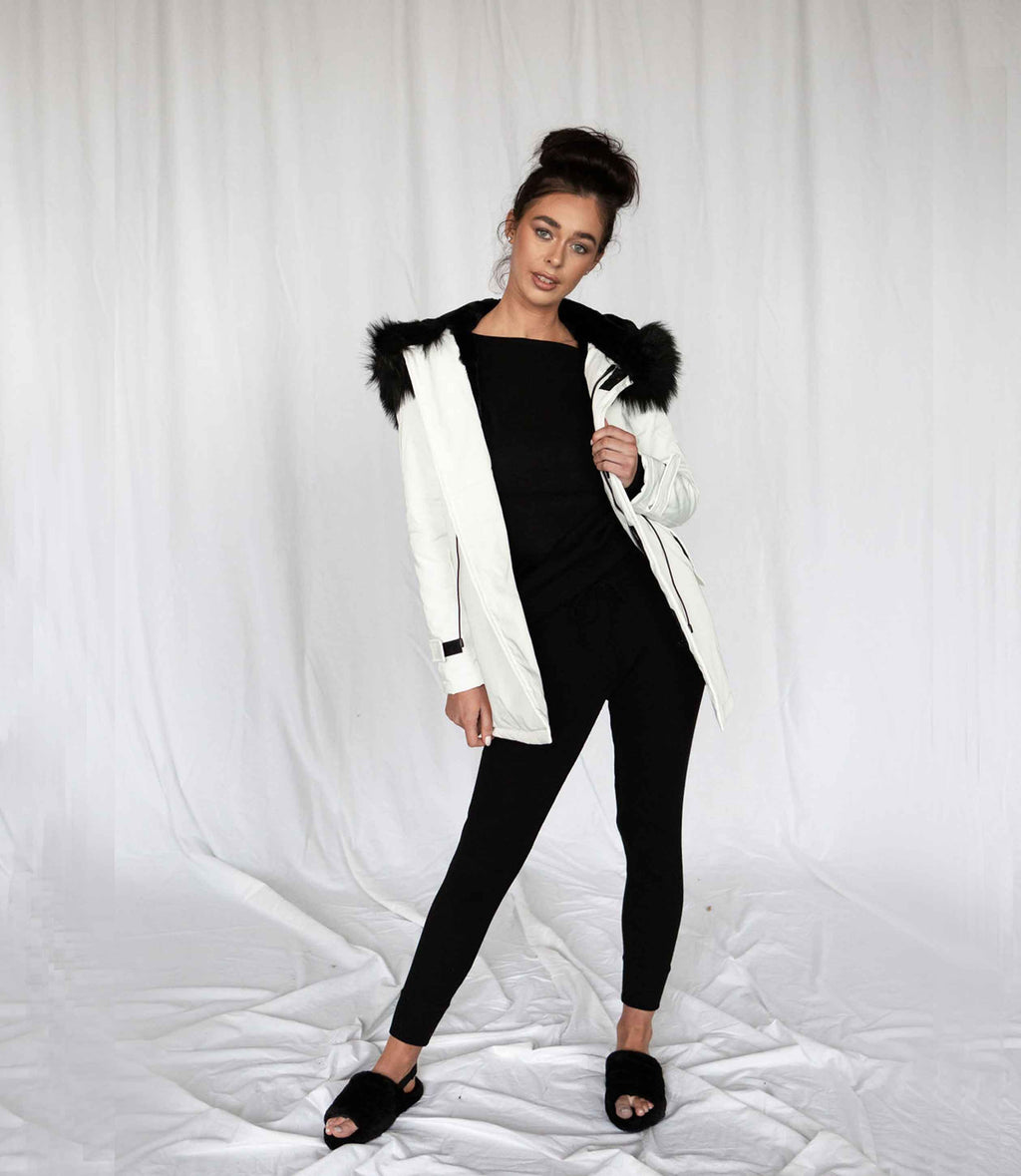 white winter coat furry hood white ski jacket